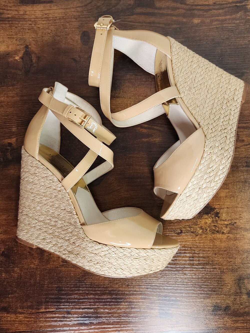 Michael Kors Gabriella Nude Patent Leather Espadrille Wedge Sandals Sz 10 Summer